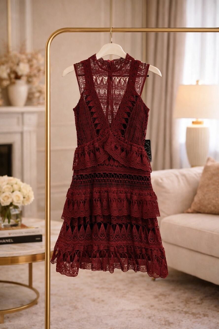 Self Portrait Burgundy Guipure Lace Mini Dress 0 Tiered Cocktail Party Wedding